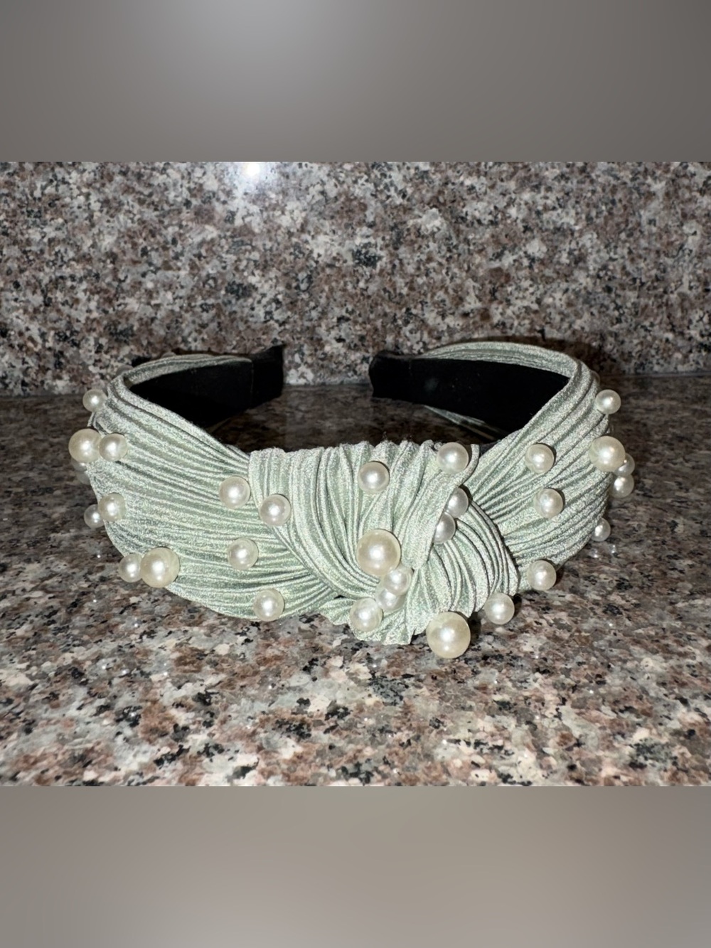 Sage Green Pleated Top-Knot Headband with Scattered Faux Pearls